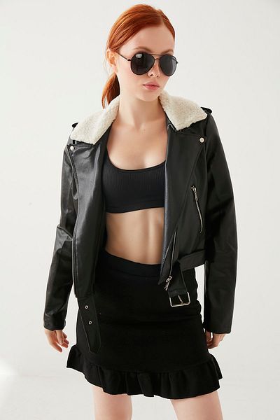 MEECY Damen-Felllederjacke mit schwarzem Kragen