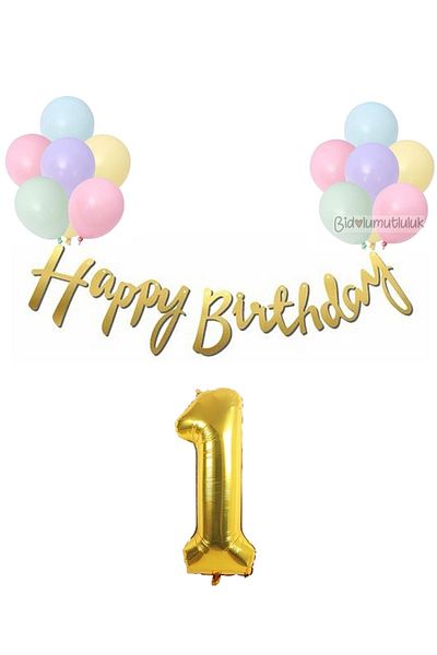 BİDOLUMUTLULUK Macaron Balloon Calligraphy Happy Birthday Set