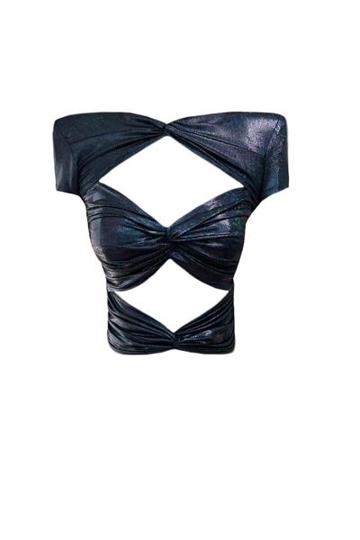 Gira official Crop Top cu ferestre, albastru bleumarin