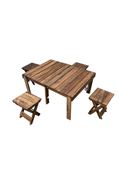 Simillo Home&Living Ahşap Ceviz Renk Kamp Piknik Bavul Masa Tabure Seti