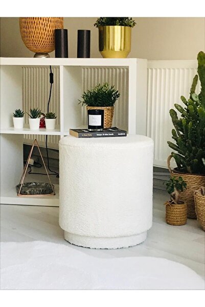 PUFANNA Handmade Kırık Beyaz Tedy Kumaş Silindir Dekoratif Pufidik Puf Bench