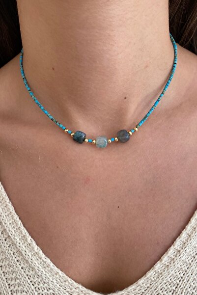 Suerte Accessories قلادة من الحجر الطبيعي بتصميم خاص مصنوعة يدويًا من الذهب مع قطع مكعب من أفينتورين والعقيق والأحجار الطبيعية الأفغانية