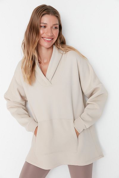 Trendyol Collection Бежов плетен спортен суичър с широка кройка и качулка от плътен полар TWOAW23SW00459