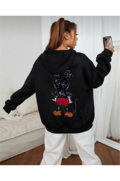 AFROGİYİM Kadın Oversize Kapşonlu Ön Arka Mickey Mouse Baskılı Sweatshirt Hoodie