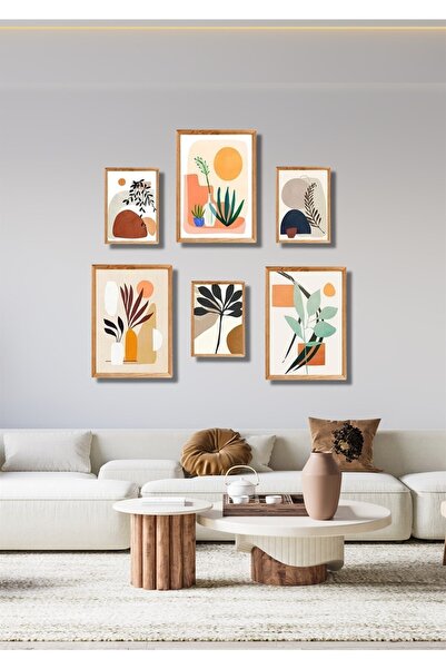 NT Handmade 6 Lı Ahşap Çerçeve Görünümlü Bohem Yapraklar Duvar Dekoru Salon O...