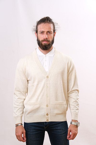 Çukurova Wool Classic Men's Knitwear Cardigan - Bone Color
