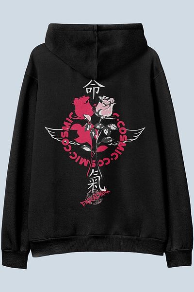 DEEPSENCE Unisex Black Hooded Sweatshirt Cosmıc Back Printed