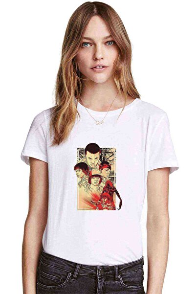 QIVI Tricou alb cu imprimeu Stranger Things Eleven Dustin Demogorgon pentru f...