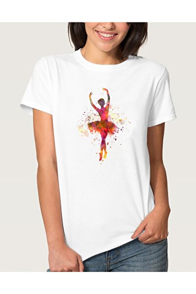 QIVI Tricou alb de damă cu dansatoare de balet acuarelă