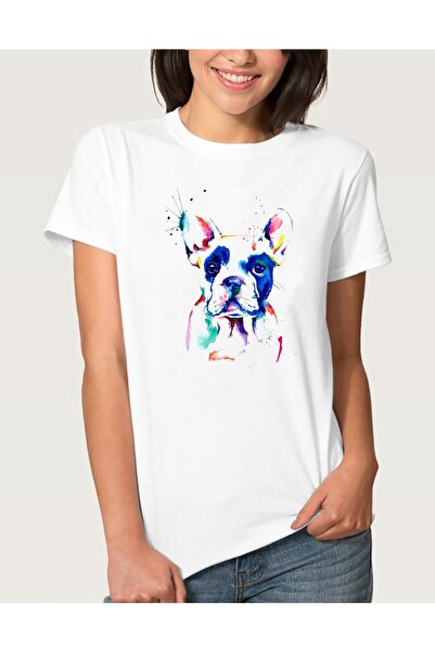 QIVI Дамска бяла тениска с акварелен булдог