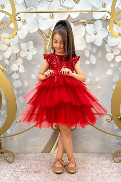 ABİYEKİDS Red Children's Evening Dress, Age 2/11, April 23, Show Dress, Sequined Katkat, Sequined Aby4560