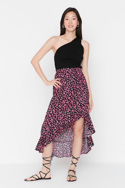 Trendyol Collection Pink Hem aszimmetrikus virágmintás viszkóz szövet Midi szőtt szoknya TWOSS20ET0166