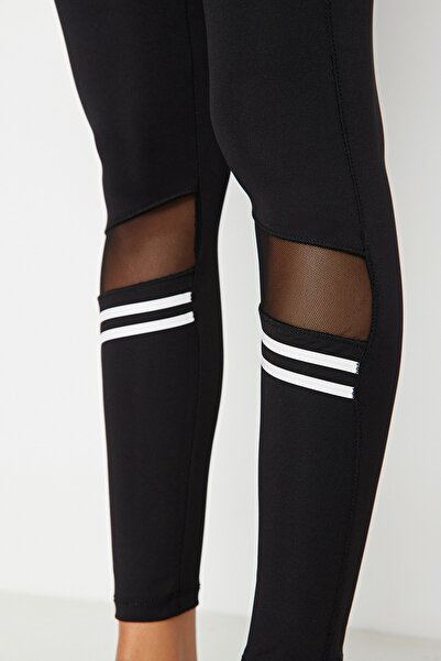 Trendyol Collection Černý tyl a proužky Detailní pletené sportovní legíny po celé délce TWOAW20TA0093