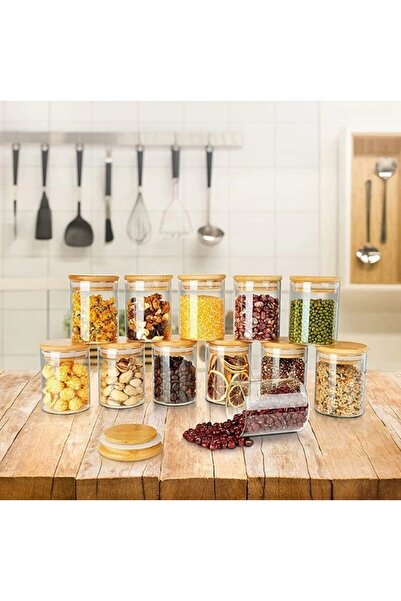 Qerhome 12 قطعة برطمان زجاجي بوروسيليكات بغطاء من الخيزران صغير 200 مل (مع ملعقة)