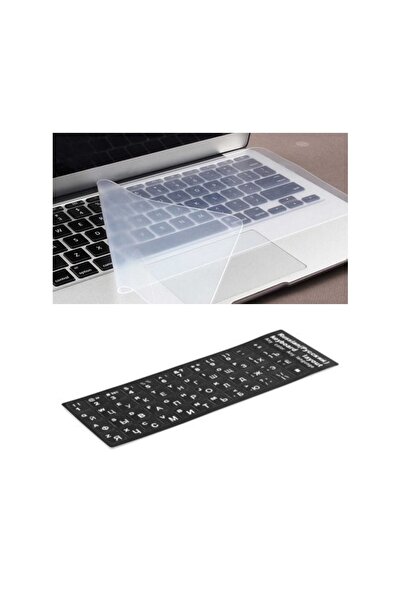 emrebilisim 15,6" Inc Klavye Koruyucu Silikon Şeffaf 1 Adet + Rusça Sticker Klavye Tuş Takımı 2'li Set