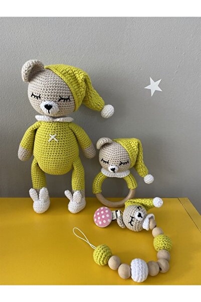 Jaju Baby Limon Sarısı Uykucu Ayıcık Amigurumi 22 Cm Çıngırak Ve Emzik Zincir...