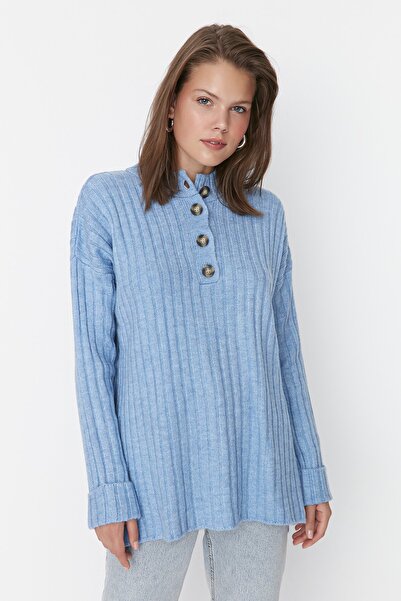 Trendyol Modest Pulover cu guler albastru din tricotaje cu coaste TCTAW23AK00035