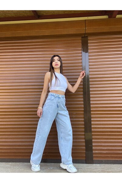 MAKRAS EXCLUSIVE Ela 90's Blue Snow Wash Lycra Blugi largi cu talie super înaltă Pantaloni Palazzo