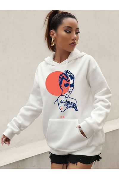 DEEPSENCE White Women's Hooded Sweatshirt Face Figure Print