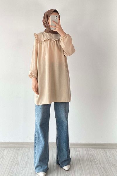 lamelif Τούνικ με βολάν ώμου Crew Neck Μπεζ