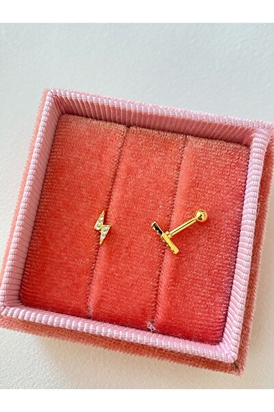 H&B Design Gold Rengi Cerrahi Çelik Şimşek Tragus Kıkırdak Piercing 6mm