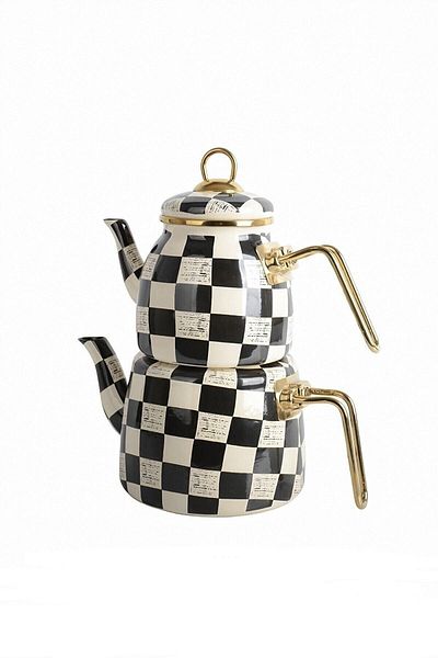 Bayev Elite Class Checkerboard Enamel Teapot - Black and White Stylish Design Teapot