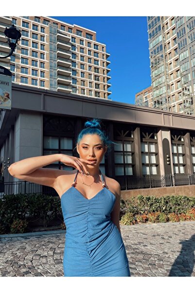 LOCH BUTİK Kadın Yaka Boncuk Detaylı Mavi Pamuk Keten Elbise