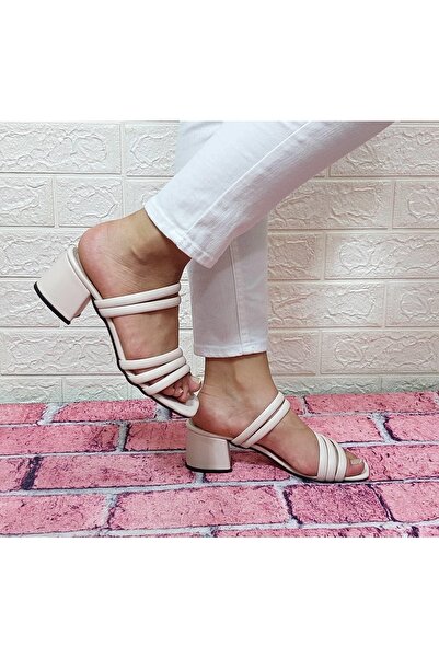 Fiyra 7010 Beige Three-Band Slippers Sandals Heeled Shoes
