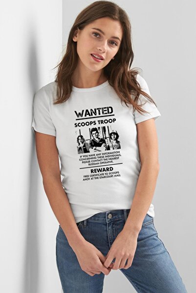 QIVI Stanger Things Wanted Scoops Troop Kadın Beyaz Tshirt