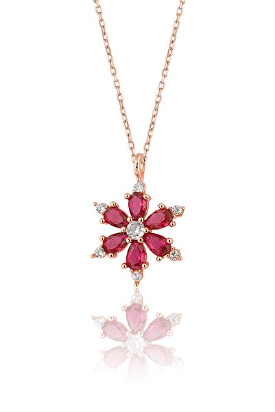 Zanaatsilver 925 Ayar Gümüş Zincirli Rubi Taşlı Rose Lotus Kamelya Çiçeği Kolye