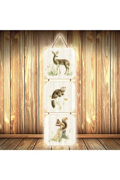 hazalshop Τριπλή ρετρό ξύλινη αφίσα με σχέδιο ζώων Ü512