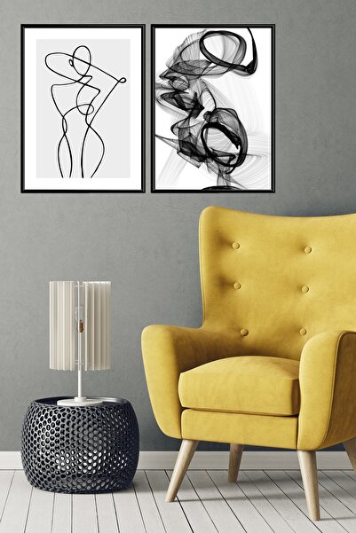 Linacci Set de pictură pe sticlă cu siluetă feminină abstractă, linieară, cu cadru metalic din aluminiu negru dublu