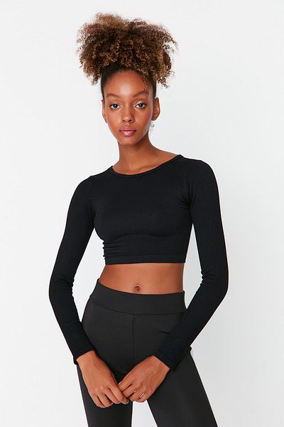 Trendyol Collection Czarny, bezszwowy/bezszwowy, prążkowany, sportowy top/bluzka z dzianiny TWOAW23SS00009
