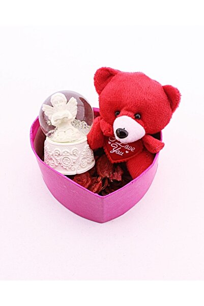 Deco Elit Sevgiliye Hediye Mini Kırmızı Ayıcık Ve Melek Kar Küresi Hediye Kutusu