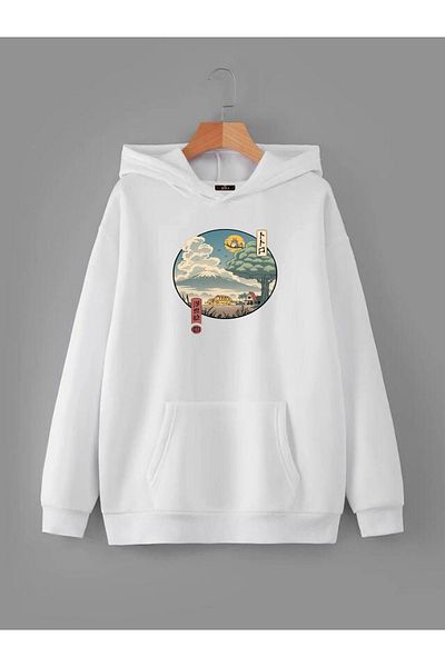 Buğraterzimoda Hanorac cu glugă unisex alb cu buzunare, cu buzunare, cu imprimeu Anime Totoro