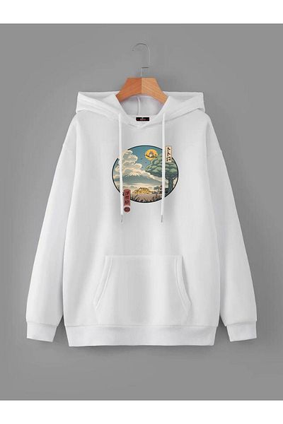 Buğraterzimoda Hanorac cu glugă unisex alb cu buzunare, cu buzunare, cu imprimeu Anime Totoro