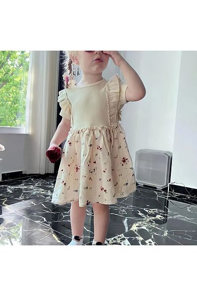 Pink Hippo Kids Φόρεμα με μισά μανίκια με βολάν και έξι λουλούδια