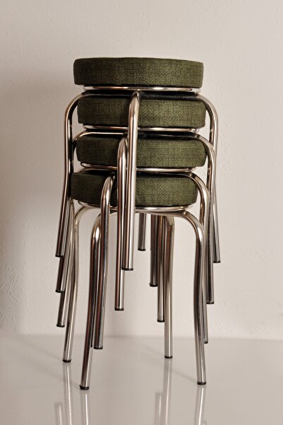 AKK TİCARET 4 Adet Yeşil Desenli Renkli Kumaş Nikelajlı Demir Tabure Mutfak Taburesi