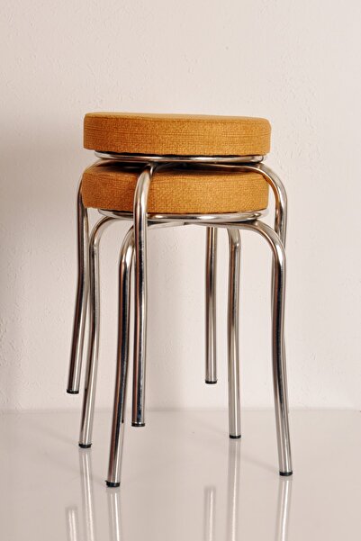 AKK TİCARET 2 Adet Sarı Renkli Kumaş Nikelajlı Demir Tabure Mutfak Taburesi (DEMONTE)