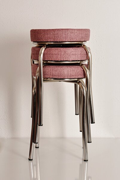 AKK TİCARET 3 Adet Pembe Desenli Renkli Kumaş Nikelajlı Demir Tabure Mutfak T...