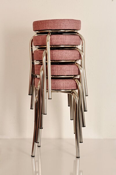 AKK TİCARET 5 Adet Pembe Desenli Renkli Kumaş Nikelajlı Demir Tabure Mutfak T...