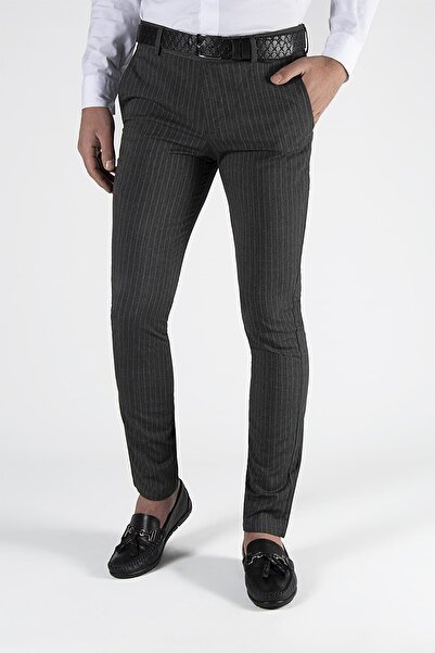 Terapi Men Erkek Antrasit Slim Fit Dik Çizgili Keten Pantolon