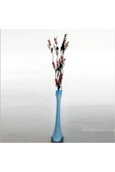 M3DECORİUM Uzun 15 Kırmızı Üzüm Çiçekli 5 Siyah Dal 60 Cm Mavi Çatlatma Vazo