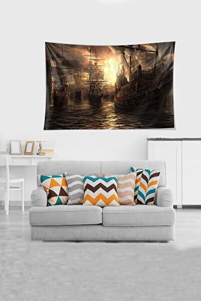 linazaitun Multicolored Armada Patterned Stain Resistant Velvet Fabric Wall C...