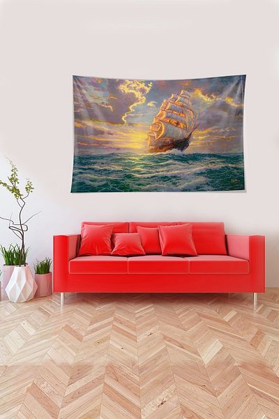 on the clouds Ship in the Blue Ocean Patterned Stain Resistant Velvet Fabric Wall Cloth Wall Carpet Tapestry