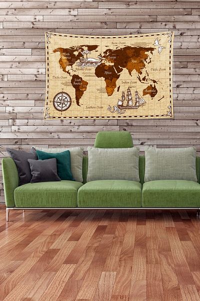 Pelangi Cream World Map Patterned Stain Resistant Velvet Fabric Wall Cloth Wall Carpet Tapestry