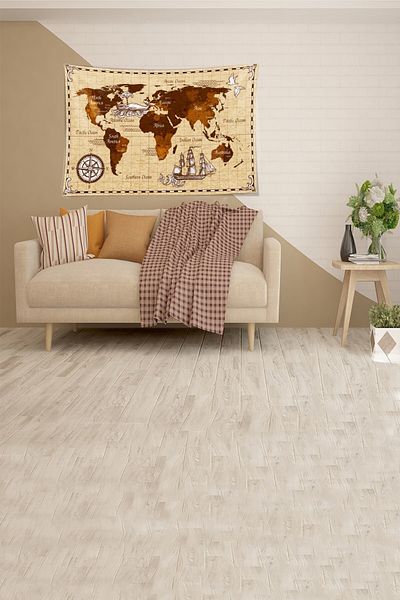 Pelangi Cream World Map Patterned Stain Resistant Velvet Fabric Wall Cloth Wall Carpet Tapestry
