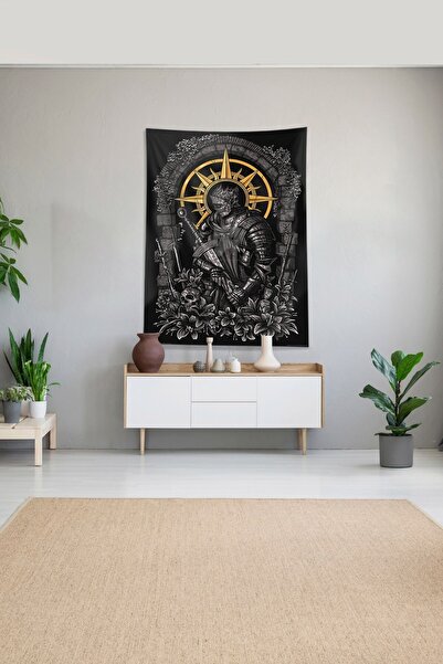 Pelangi Siyah Şövalye Desenli Leke Tutmaz Kadife Kumaş Duvar Örtüsü Duvar Hal...