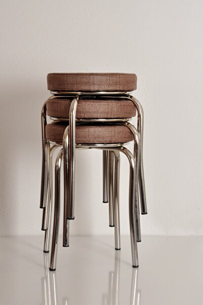 AKK TİCARET 3 Adet Kahverengi Desenli Renkli Kumaş Nikelajlı Demir Tabure Mutfak Taburesi