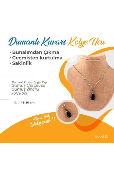OSMANLI DEĞERLİ TAŞ Sertifikalı Dumanlı Kuvars Doğaltaş Kolye, Gümüş Zincirle Birlikte 3,5x1,5 Cm, M481